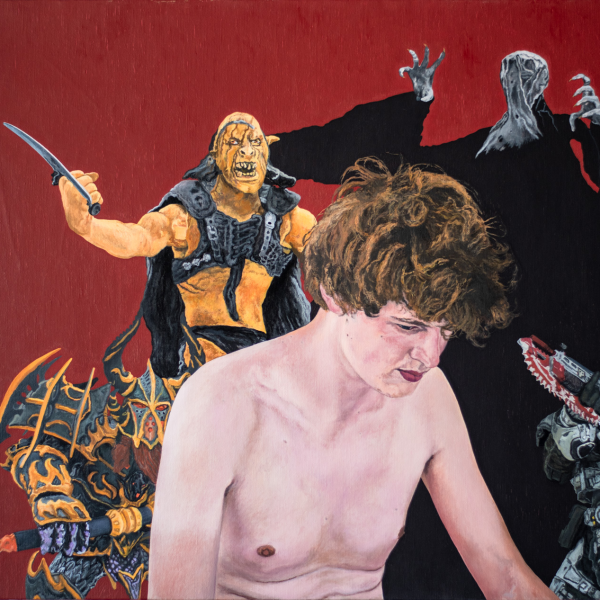 This portrait is of a young, unclothed man with a number of fanciful figures taken
from war video games in the background.