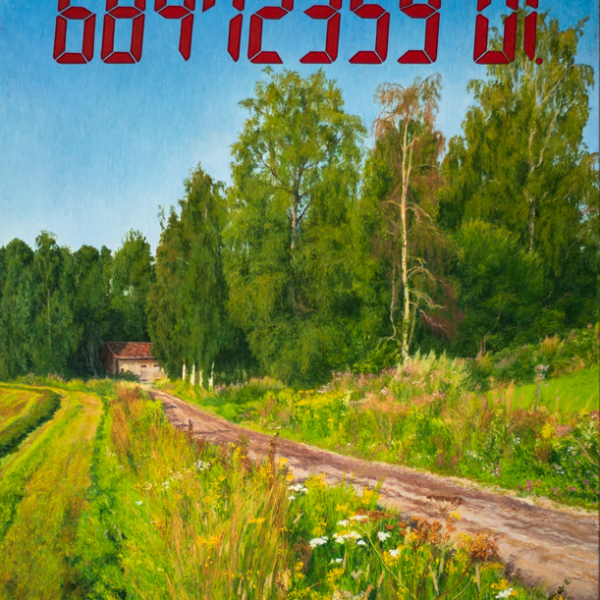 The country road and fields is the view from a small town in Sweden called Järvsö. The painting suggests that a value/number be ascribed to everything material in our world.